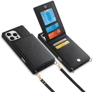 Vofolen for iPhone 16 Pro Case with Card Holder Crossbody Lanyard Strap Leather Wallet Case with Magnetic Clasp Kickstand Heavy Duty Protective Flip Cover for iPhone 16 Pro for Women, Black