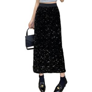 ADWAXDA Women's Long Sequin Skirt Elastic Waist A-Line Glitter Maxi Skirt Shimmer Party Skirt for Nightclub, Holiday & Prom