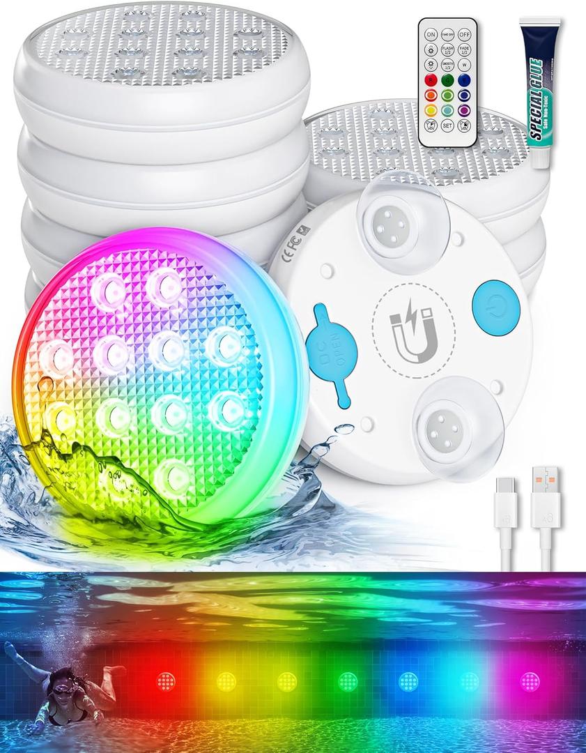 Submersible LED Lights with Remote, Changing Multicolor Underwater Pool Lights, IP68 Waterproof, Built-in Large Capacity Battery, with Magnets, Suction Cups, and Glue, for Hot Tub, Bathtub (6 Pack) White Submersible LED Lights with Remote, Changing Multicolor Underwater Pool Lights, IP68 Waterproof, Built-in Large Capacity Battery, with Magnets, Suction Cups, and Glue, for Hot Tub, Bathtub (6 Pack) White