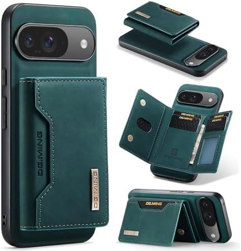 Wallet Case for Google Pixel 9 / Google Pixel 9 Pro, DG.MING Premium Leather Shockproof Protective Phone Case Back Cover Magnetic Detachable with Trifold Wallet Card Holder Slots Kickstand (Green)