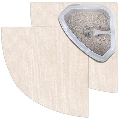 Tinideya 2 Pcs Corner Cat Litter Mat 29 Inch for Corner Machine Washable Litter Mat Ridged Design Fan Shaped Absorbent Cat Litter Rug for Box Less Waste Space(Beige White)