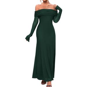 KUTUMAI Women Off Shoulder Bodycon Maxi Dress Long Sleeve Mesh Ruched Party Formal Wedding Guest Dresses (Large, Dark Green)