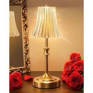 JACKYLED Vintage Cordless Table Lamp, Acrylic Crystal Flower Lamp Shade, 3 Colors Dimmable LED Golden Lamp, 5400mAh Battery Operated Rechargeable Lamp for Kitchen Counter Home Decor