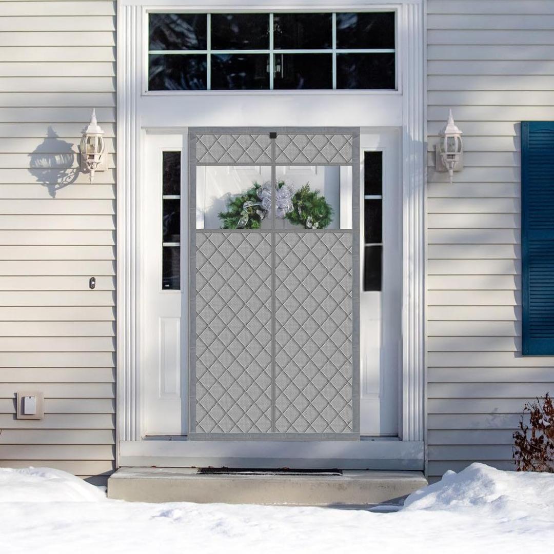Thermal Door Curtain Fits Doors Size 34"x82"，Curtain Size 37"x84", Magnetic Insulated Curtain Center Open, Visible Panels,Keep Warm in Winter Cool in Summer,Diamond Pattern,Gray