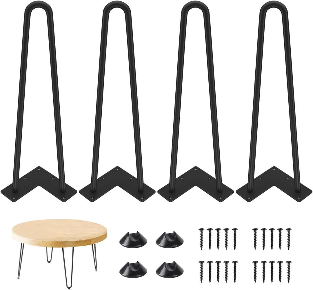 Genius Iron Hairpin Table Legs 16 inch, 3/8" Solid Metal Steel Firm Welding Home DIY for Coffee Table, Bench, Chair with Rubber Floor Protectors, Black, 4 PCS
