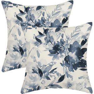 Spring Flower Pillow Covers 16x16 Watercolor Navy Blue Floral Farmhouse Decor Throw Pillows Case for Couch Seasonal Pillowcase Outdoor Decorative Cushion Cases for Sofa Bed Decorations Set of 2