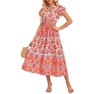 GRACE KARIN Women's Floral Boho Dress Hawaiian Dresse Short Sleeve V Neck Summer Beach Wedding Guest Swing Maxi Sundress (S)