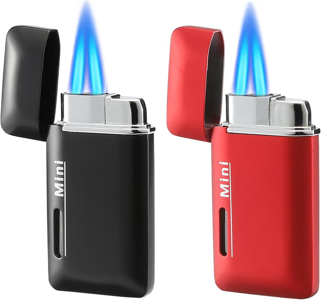 2 Pack Mini Butane Lighter, Double Jet Torch Lighter with Visible Window, Refillable and Adjustable Pocket Lighter, Great Little Gift for Men and Women, Black and Red (Without Gas)