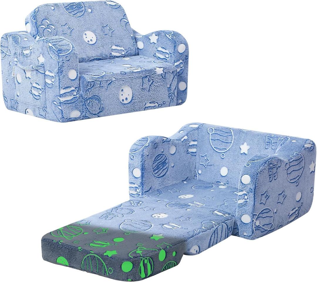 MeMoreCool Toddler Sofa Bed  Glow-in-The-Dark Astronaut Chair for Kids, 2-in-1 Fold-Out Lounger (Denim Planet) Soft Foam | Machine Washable Cover | Ages 13 | Playroom & Nursery Nap Couch