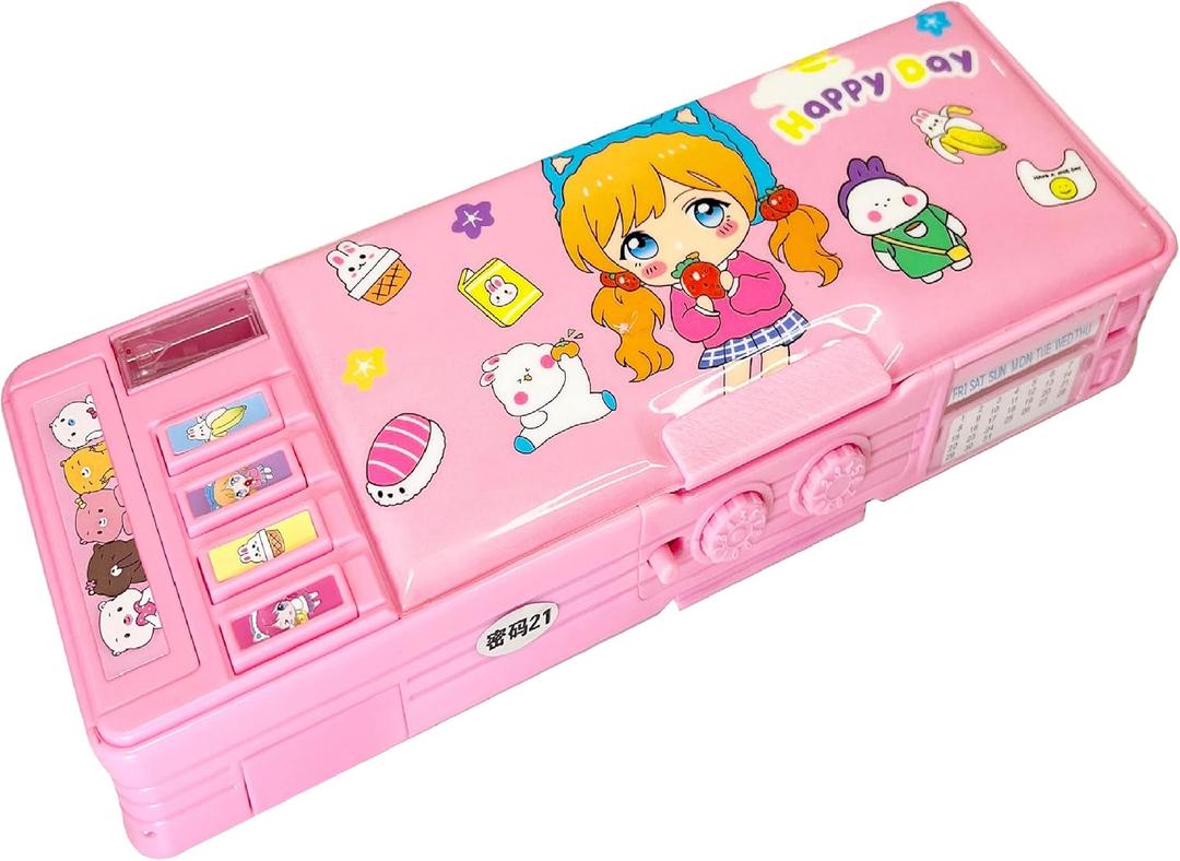 Pop Up Multifunction Pencil Case for Girls and Boys, Cute Cartoon Pen Box Organizer Stationery with Lock, Sharpener, Schedule, Whiteboard, School Supplies, Best Gifts for Kids Teens(Pink 2)