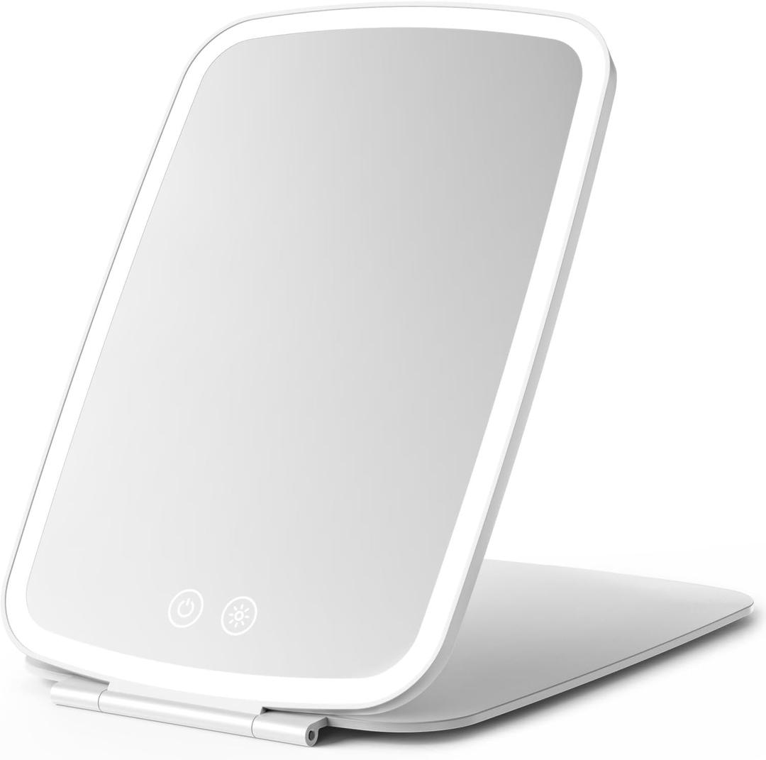 Rechargeable Folding Makeup Mirror with LED Lights, 10" x 7" Large View, 3 Lighting Modes, 2000mAh Battery & Magnetic Closure for Home & Travel (White)