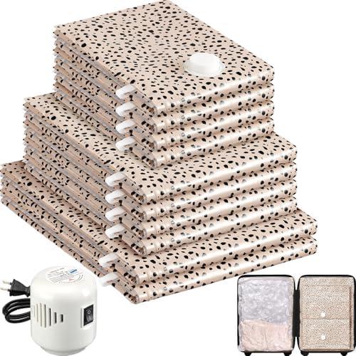 10 Pack Travel Vacuum Storage Bags with Electric Pump, 2 Large + 4 Medium + 4 Small Vacuum Sealer Bags, 80% Space Saver Bags for Luggage, Comforters and Blankets, Travel Essentials(Beige Leopard)