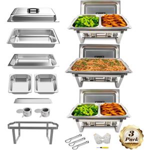 3 Pack 8QT Rectangular Chafing Dish Buffet Set Stainless Steel Catering Chafers Food Warmer with Full,Half Food Pan,Fuel Holder,Foldable Frame For Weddings/Parties/Banquets Events (1/1 pan*3, 1/2 pan*6)