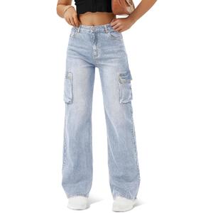 Women High Waisted Cargo Jean for Women with 6 Pockets Straight Wide Leg Jean Casual Baggy Pants (Blue, M)