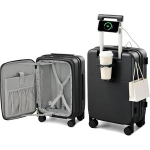 Hanke 24 Inch Expandable Carry On Luggage 22x14x9 Airline Approved Top Opening Hard Shell Suitcase with Cup Holder, USB Ports, Spinner Wheels, TSA Lock, Jet Black