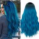 Mildiso Blue Wigs for Women 26" Long Ombre Blue Wig with Wig Cap Curly Wavy Natural Cute Soft Wigs for Daily Party M052B