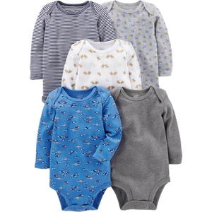 Simple Joys by Carter's Baby Boys' Long-Sleeve Bodysuit, Pack of 5, Blue/ Grey/ White, 0-3 Months
