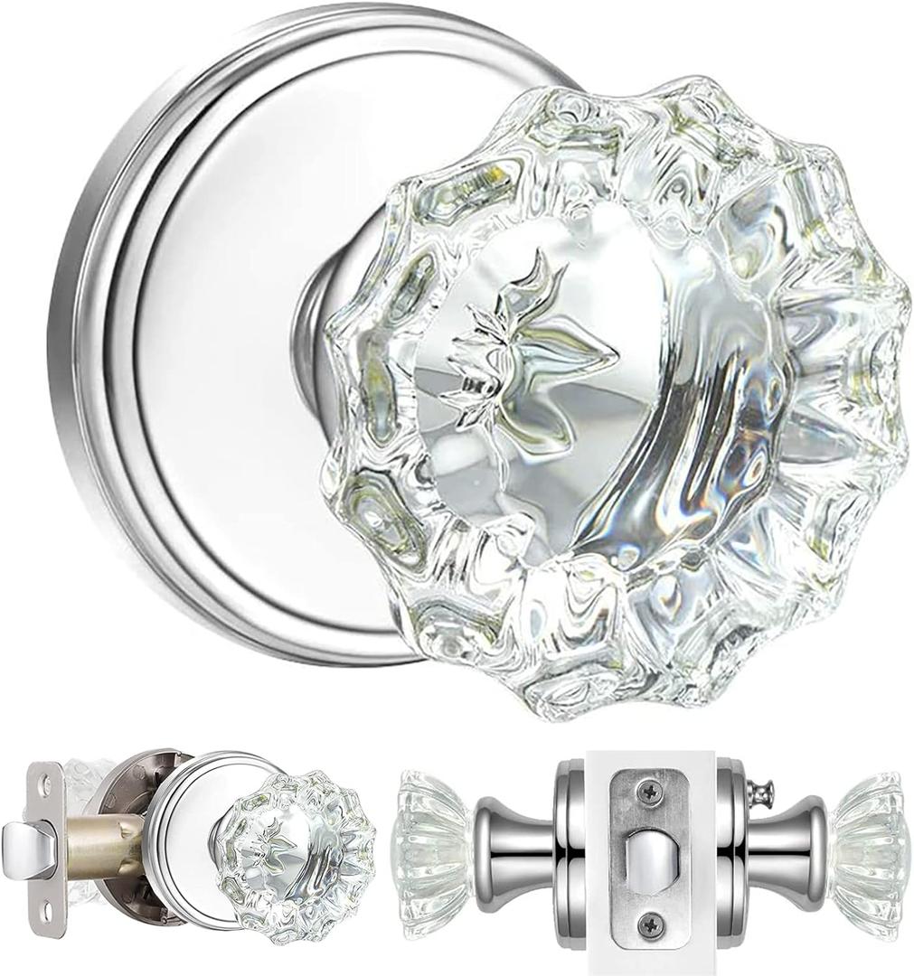 Crystal Glass Door Knobs Interior with Lock,Privacy Vintage Clear Crystal Door Knobs for Bedroom and Bathroom (Polished Chrome,1Pack)
