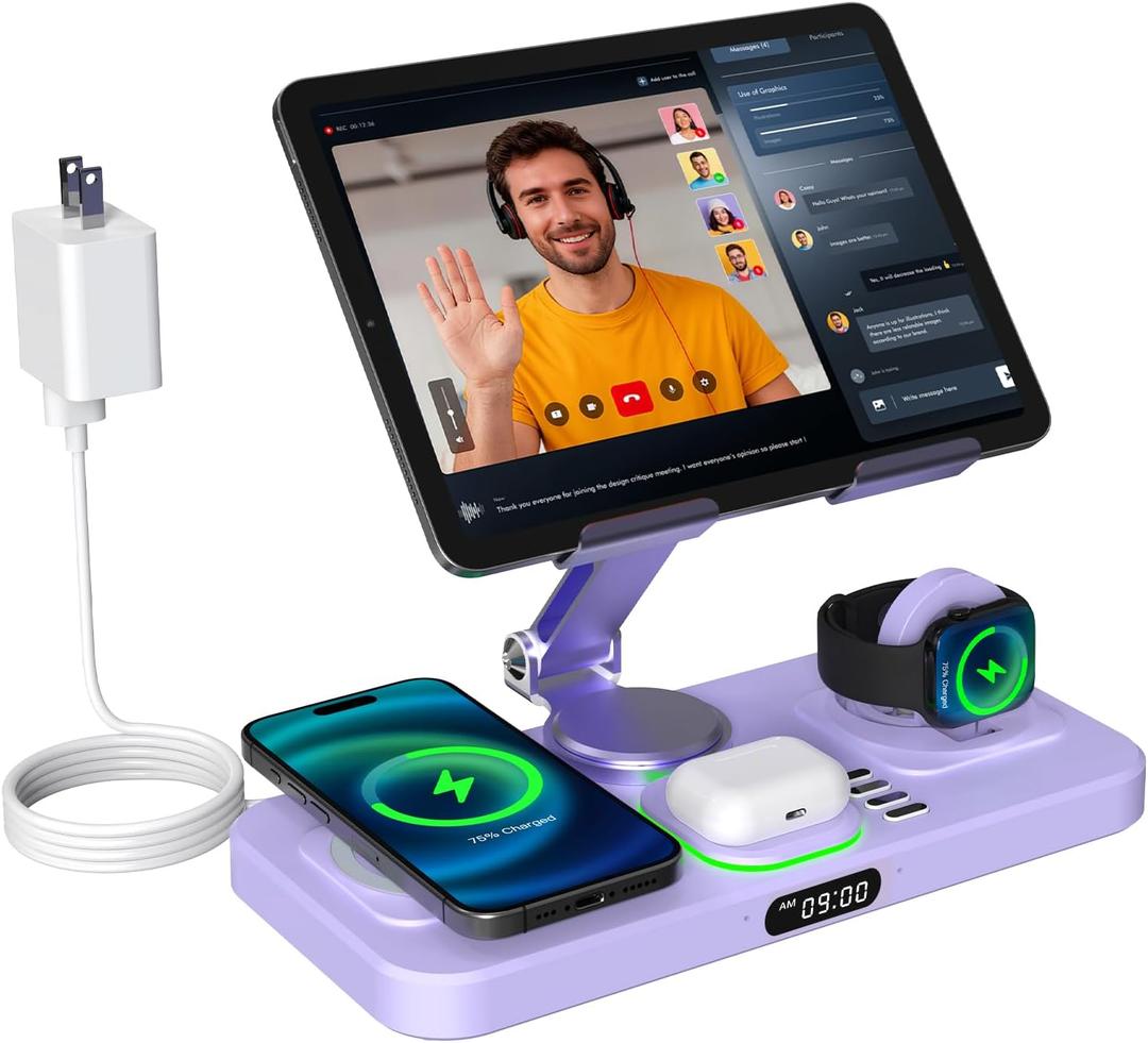 6 in 1 Wireless Charger for Apple Multiple Devices, Charging Station with Clock &7 Color Ambient Light, Foldable Rotate Stand for iPad, for iPhone17/16/15, Support for Apple Watch11/10 for AirPods4