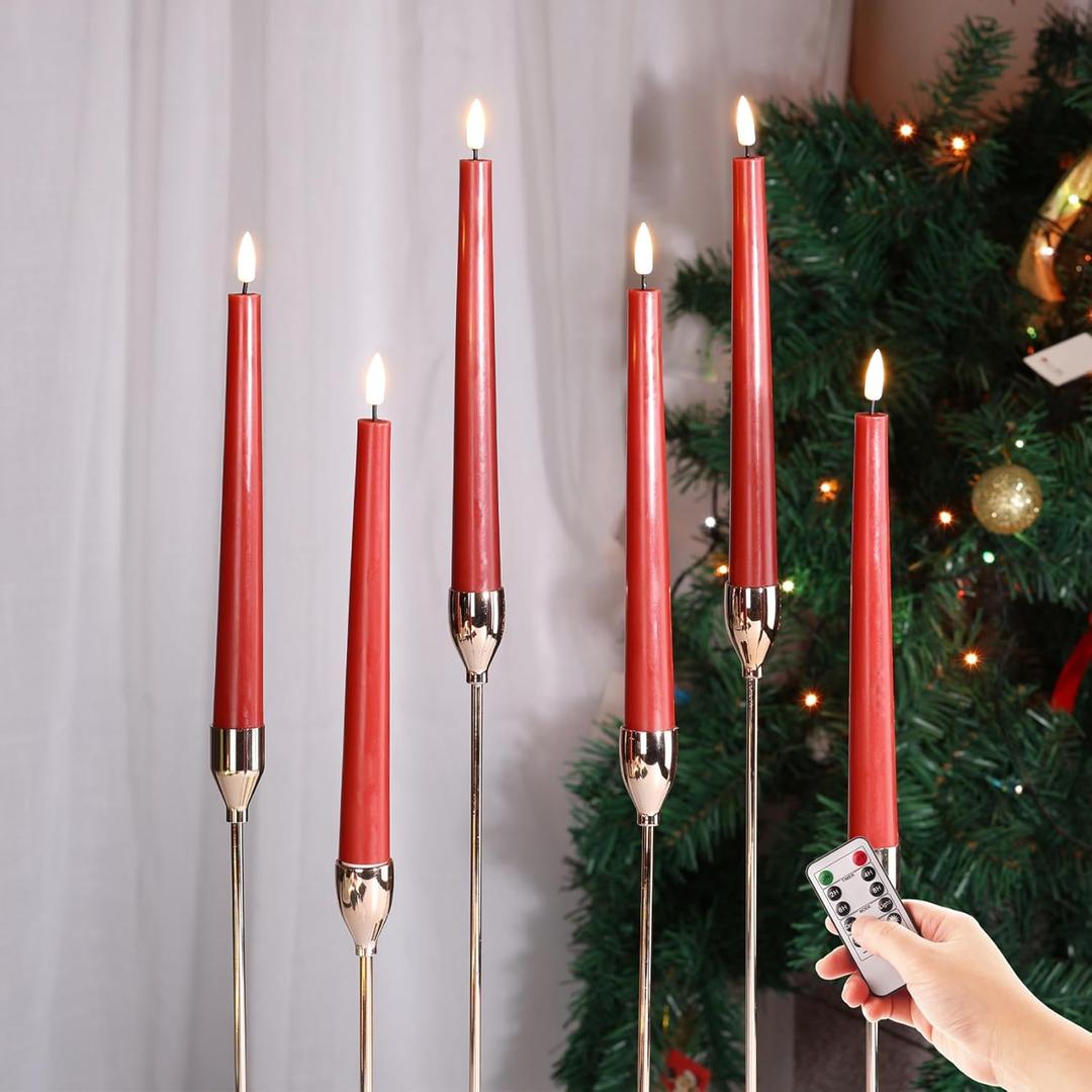 Eywamage Red Flameless Taper Candles with Remote, Flickering Battery LED Wax Candlesticks Home Decor, Set of 6