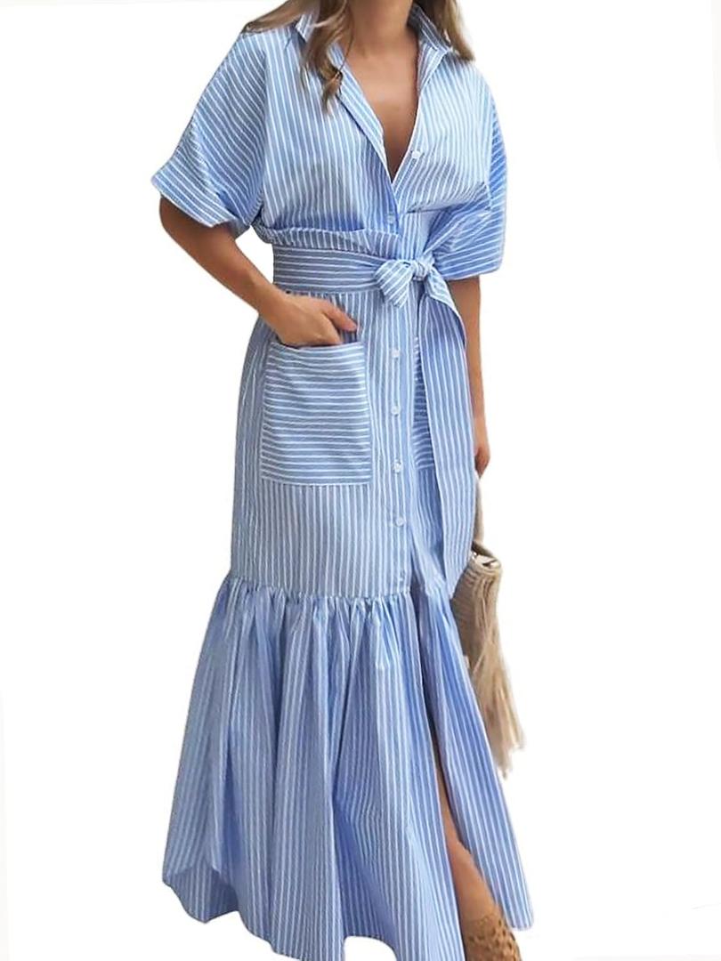 utcoco Women's 2026 Summer Casual Striped Button Down Maxi Dress Tie Waist Short Sleeve Shirt Dress with Pockets (Blue)
