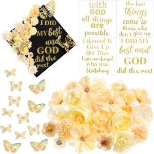 Feifeiya 36 Pcs DIY 2026 Graduation Cap Decorations Accessory Kit Include Faux Flower Heads Graduation Quotes Glitter Stickers 3D Butterfly for Grad Cap Topper DIY Gift(Gold,Inspirational)