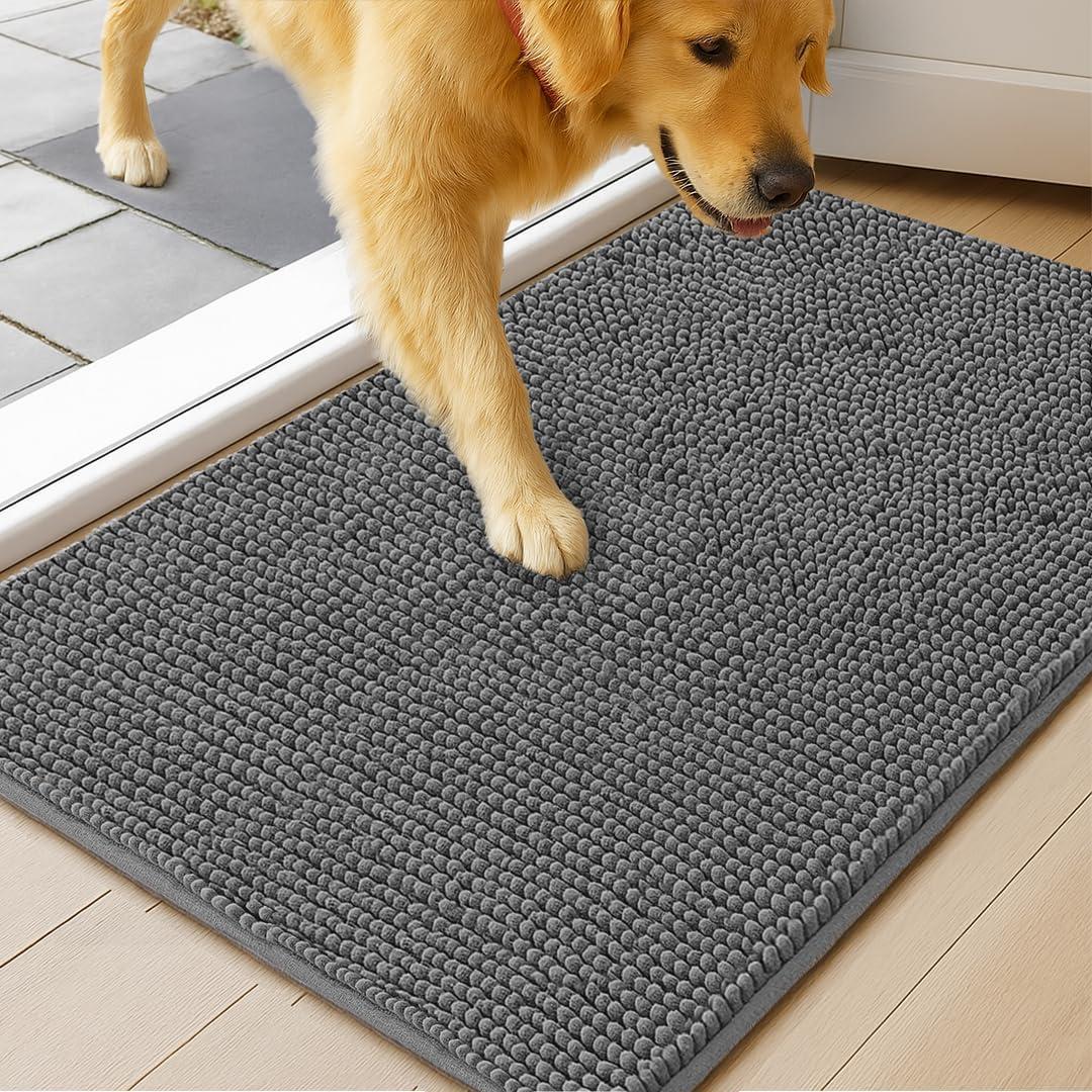 MudGuard Mat Dog Door Mat for Muddy Paws, Super Absorbent Microfiber, Non-Slip Indoor Mat, Quick Dry Chenille Mud Mat for Dogs & Entryway, Washable, Grey 36" x 60"