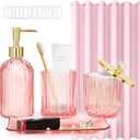 Bathroom Accessories with Shower Curtain,Pink Glass Bathroom Accessory Sets of Soap Dispenser, Toothbrush Holder, Apothecary Jar(Qtip Holder), Vanity Tray, Modern Home/Dorm Decor Housewarming Gifts