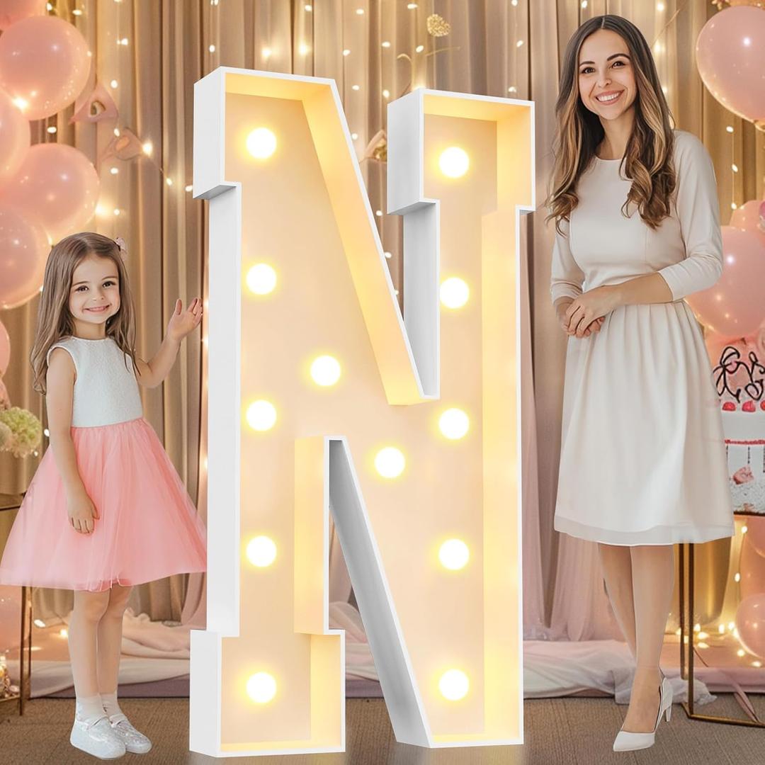 Pooqla 4 FT Marquee Light Up Letters, Marquee Letter Lights 4 Feet Tall, Giant Letter Sign Big Mosaic Letters for Balloons Birthday Party Anniversary Wedding Decorations, Warm White, Letter N