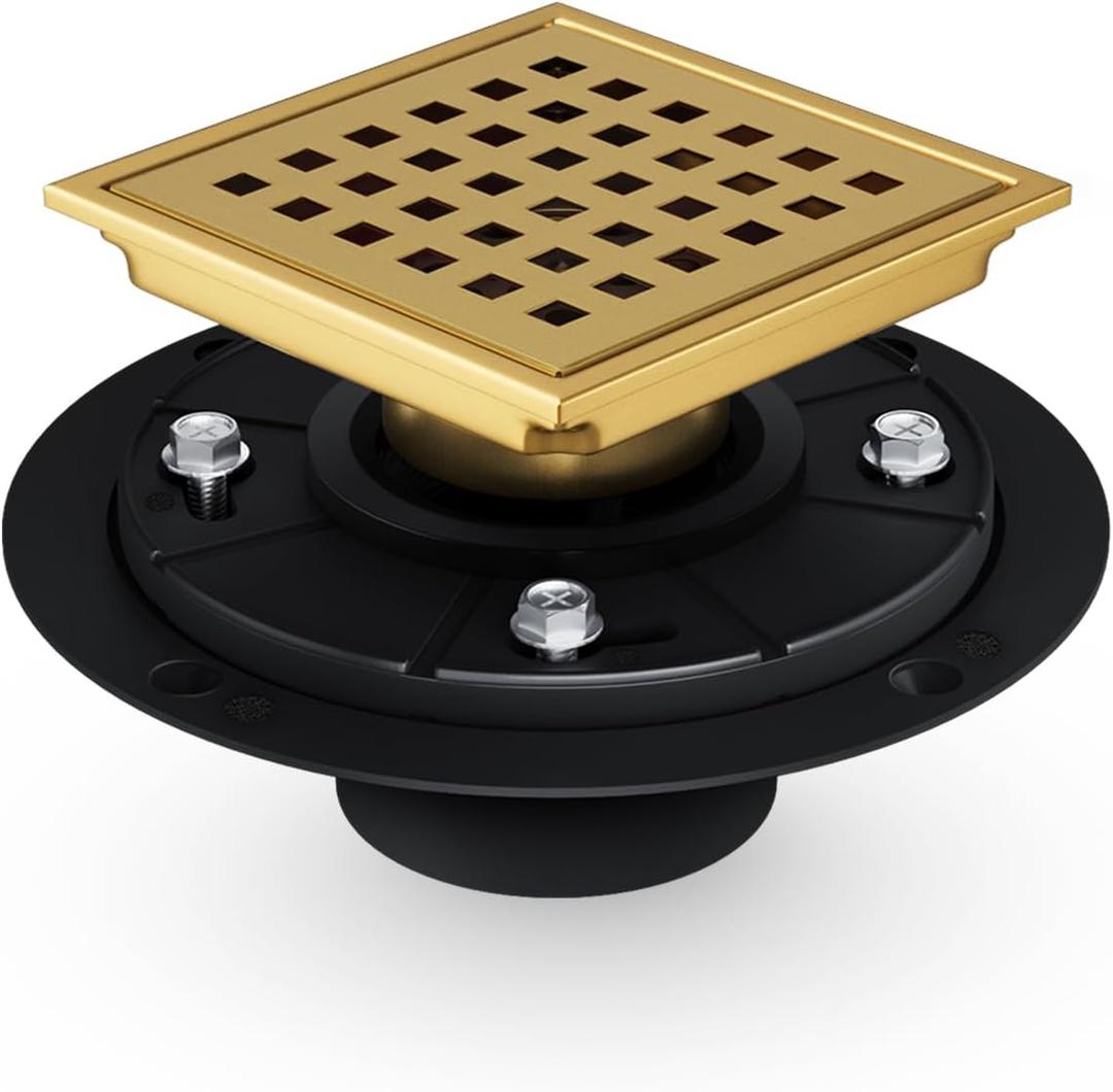 4 inch Shower Drain, Gold Shower Drain Cover, Stainless Steel Floor Drain with Flange, Removable Grid Grate