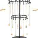 MODOWEY Rotating Necklace Holder Organizer Display Stand with 42 Hooks, 2 Tier Adjustable Metal Tree for Long Necklace Hanger Selling, Tall Spinning Bracelet Storage Rack for Men Women, Black