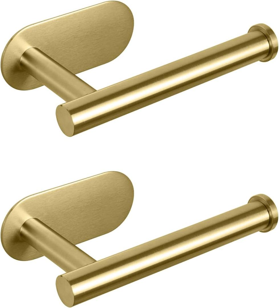NearMoon Toilet Paper Holder Self Adhesive, Premium Thicken SUS304 Stainless Steel Rustproof Adhesive Toilet Roll Holder no Drilling for Bathroom, Kitchen, Washroom (2 Pack, Brushed Gold)