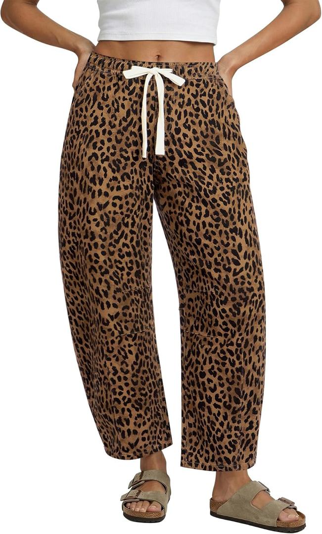 GRAPENT Barrel Jeans for Women Trendy High Waisted Pull On Wide Leg Cropped Leopard Cheetah Print Stretchy Denim Pants (Brown, S)