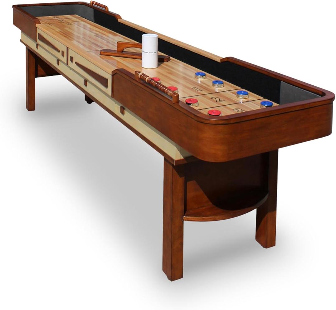Hathaway Merlot 12 Foot Shuffleboard Table for Family Game Room - with Lacquer Coated Playfield, Built-in Scorer and Cabinet, Climate Adjusters, Leg Levelers, 8 Pucks, Brush, and Wax - Walnut Finish