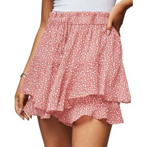 Women's Summer Floral Ruffle Hem Skirt Shorts Elastic High Waist Layered Tiered Boho Mini Skorts Skirts (Large, Pink)