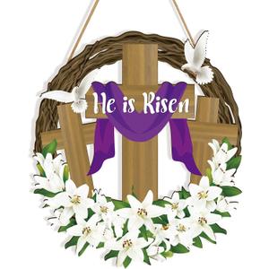 He is Risen Easter Decor, Wooden Religious Easter Wreaths for Front Door, Christian Easter Cross Flowers Sign Door Hanger for Spring Home Porch Wall Farmhouse Party Indoor Outdoor Hanging Decorations