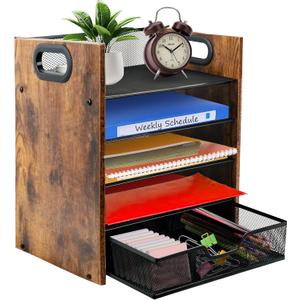 Wood Desk Organizer - 5-Tier Desktop File Organizer with Drawer, Wooden Paper Tray, Office Desk Organzier and Accessories for Papers, Mail, Notebooks, Stationery