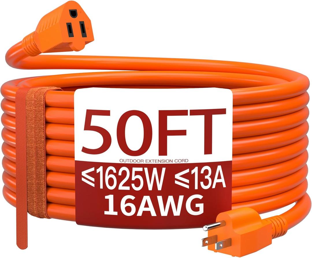 16/3 50 FT Outdoor Extension Cord Waterproof, Weatherproof & Flame Retardant Orange 3 Prong Power Cord Outside for Lawn & Garden, 13 Amps 1625 Watts 125 VAC 16AWG SJTW, ETL Listed