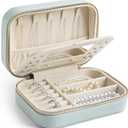 Genuine Leather Travel Jewelry Organizer Case with Mirror for Women, Small Mini Portable Jewelry Box for Ring Earrings Necklace Bracelet Luxury Gift for Women（Cyan）