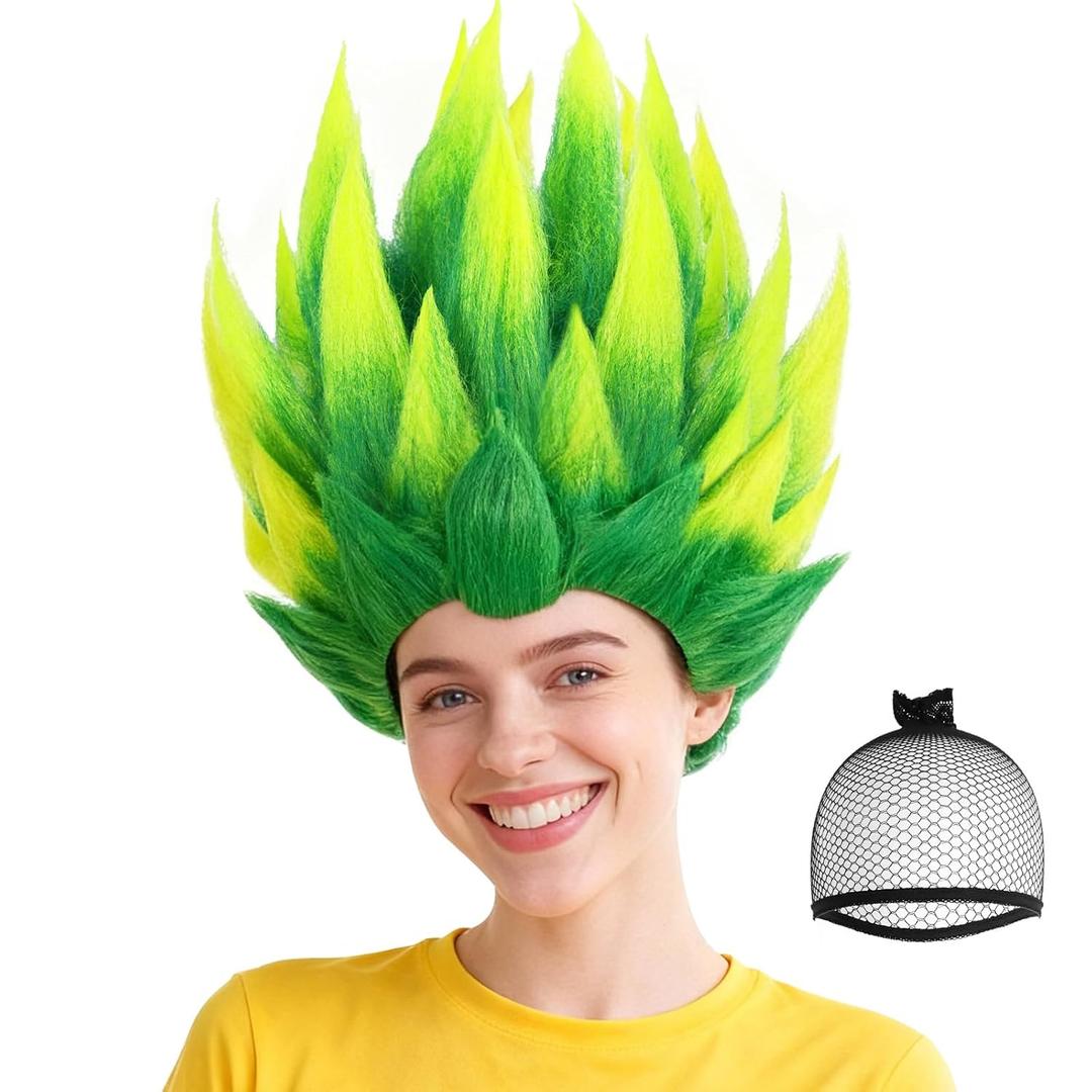 BESTBEL+Hair Cap Lime Yellow Green Wig Funny Wigs for Women Crazy Wigs for Adults Halloween Outfits Spiky Wig Christmas St.Patrick's Day Crazy Hair Day Anime Cosplay Party Costumes Synthetic Hair