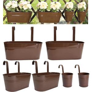 Set of 6 Balcony Hanging Planters, 2 Pcs 17" Metal Railing Flower Pots & 2 Pcs 12" Deck Planter & 2 Pcs 4" Fence Pot for Outdoor Patio Garden Dcor, Chocolate