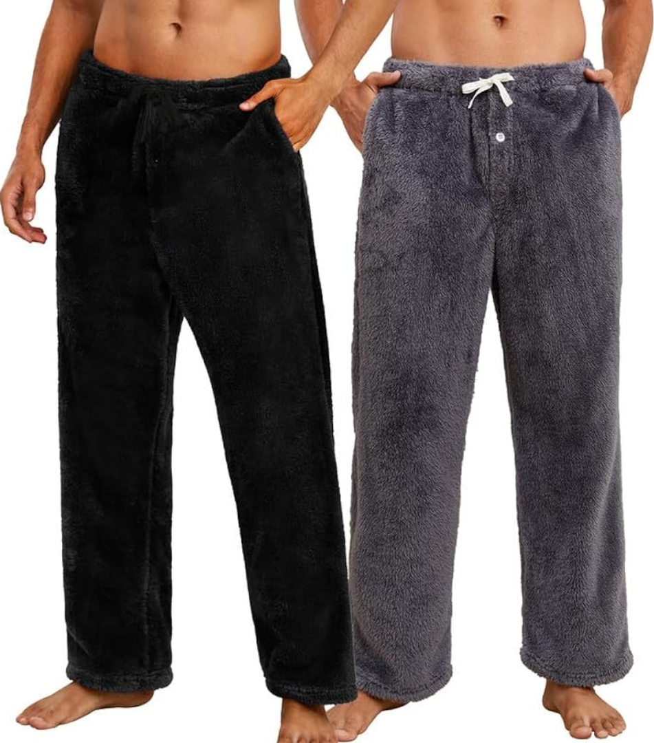 Vulcanodon 2 Pack Mens Plush Warm Pajama Pants, Fluffy Soft Fleece Sleep Pant with Pockets Lounge Pj Bottoms for Men (Large)