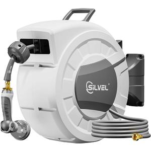 Retractable Garden Hose Reel, 1/2" x 100ft Wall Mount Heavy Duty Automatic Hose Reel with 10 Pattern Nozzle, Any Length Lock & Slow Return System, 180Swivel Bracket Upgraded UV Resistant,Light Grey