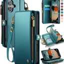 Defencase Compatible with iPhone 16 Case Wallet with RFID Blocking Card Holder for Women Men, Fashion PU Leather Magnetic Snap Flip Zipper Strap Wallet Phone Case for iPhone 16 6.1", Blue Green