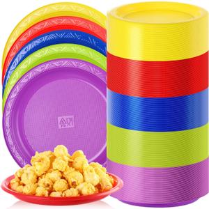 Gerrii 100 Packs Colorful Plastic Plates 10'' Round Disposable Colorful Party Plates Bulk for Dinner Party Event Weddings Birthdays, 5 Colors