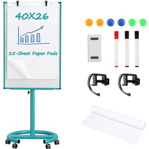 Mobile Whiteboard on Wheels, 40x26 Inches Magnetic Dry Erase Board with Stand, Standing White Board with Paper Pads, Portable Rolling Dry Erase Board for Classroom, School, Office, Home, Teacher