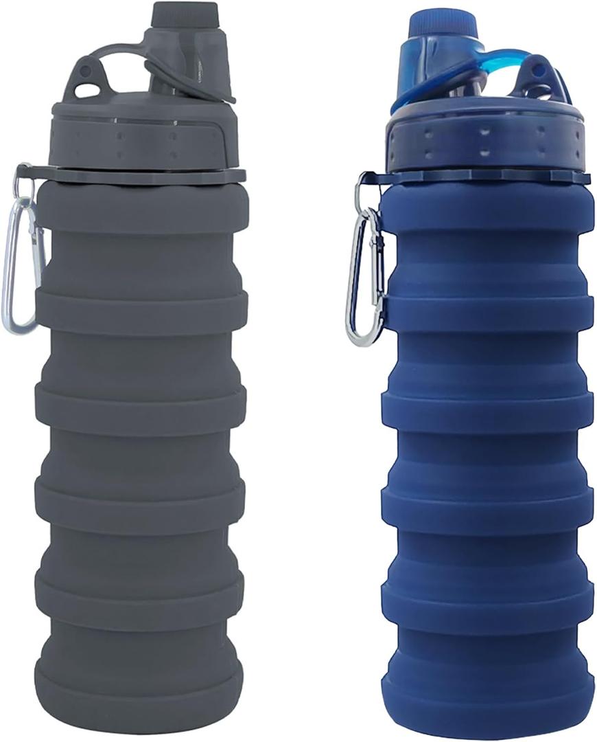 Collapsible Water Bottles Travel water bottle Sports Portable Sport Water Bottle Reusable Water Bottles comes with mountaineering Buckle 500ml silicone Water-proof camping water bottle (Dark blue+Grey)