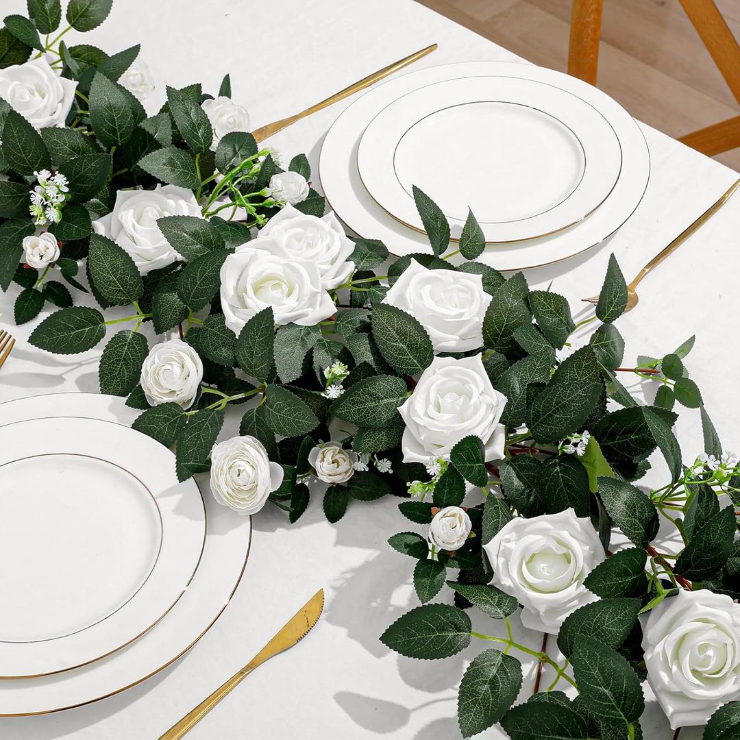 2 Pack 11.2 Ft Artificial Flower Garland with White Roses, Realistic Fake Greenery Vines with 17 Roses Flowers for Wedding Table Centerpieces Arch Party Ceremony Backdrop Decor(White)