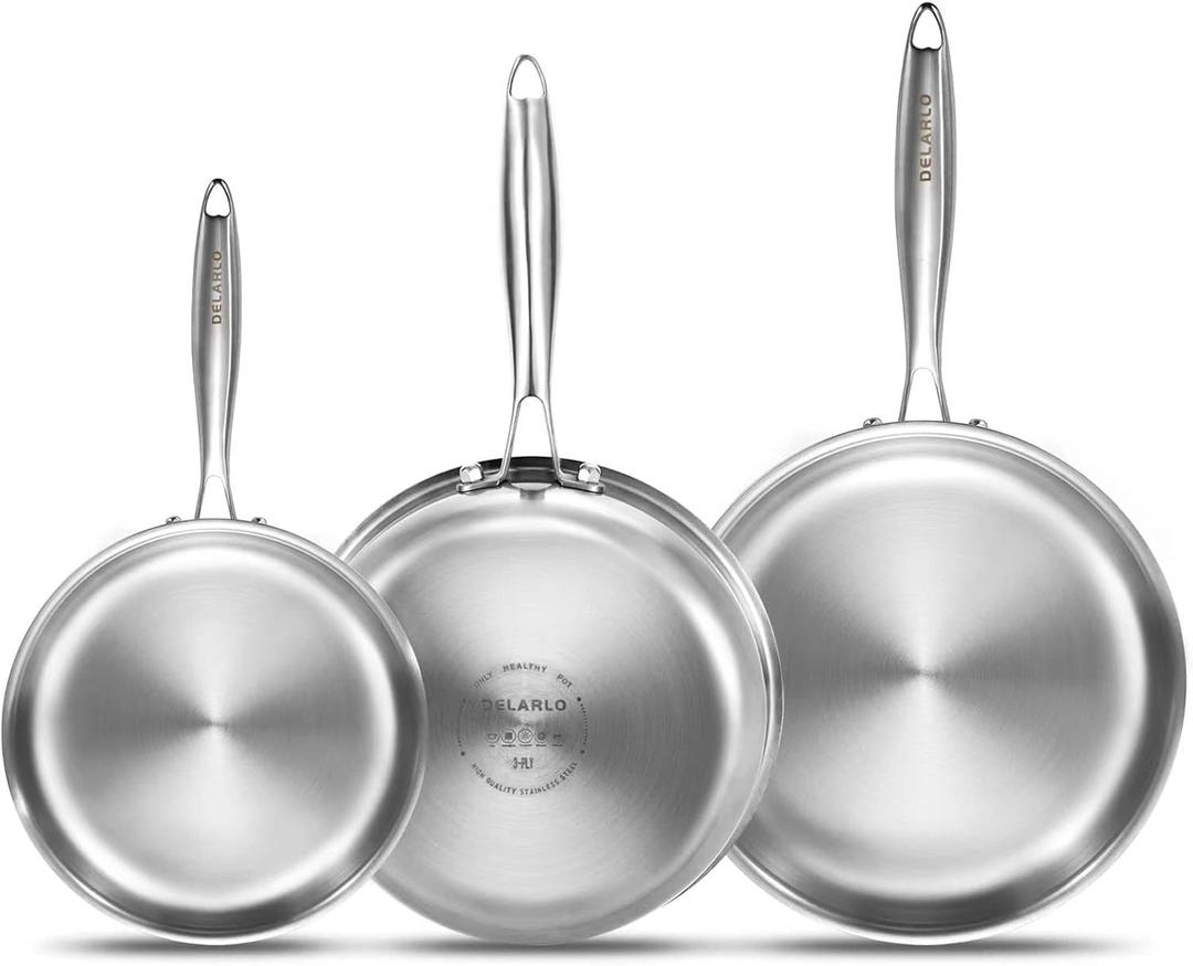 DELARLO Whole Body Tri-Ply Stainless Steel Frying Pan set, 8/10/12 Cooking pans, Kitchen Cookware Set, Fast Heating Chef's pan with Ergonomic Handles, Suitable for All Stove