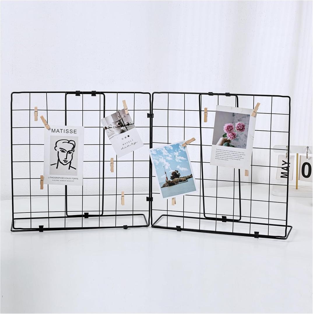 Photo Display Rack, Note Display Rack, Double-sided Photo Metal Rack, Suitable for Use As a Home Desk Photo Organizer, With 20 Wooden Clips, Black
